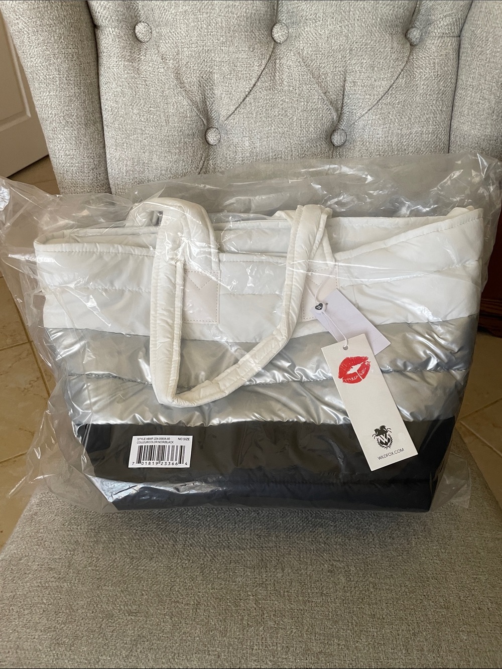 Wildfox Striped Puffer Tote in White, Silver & Black